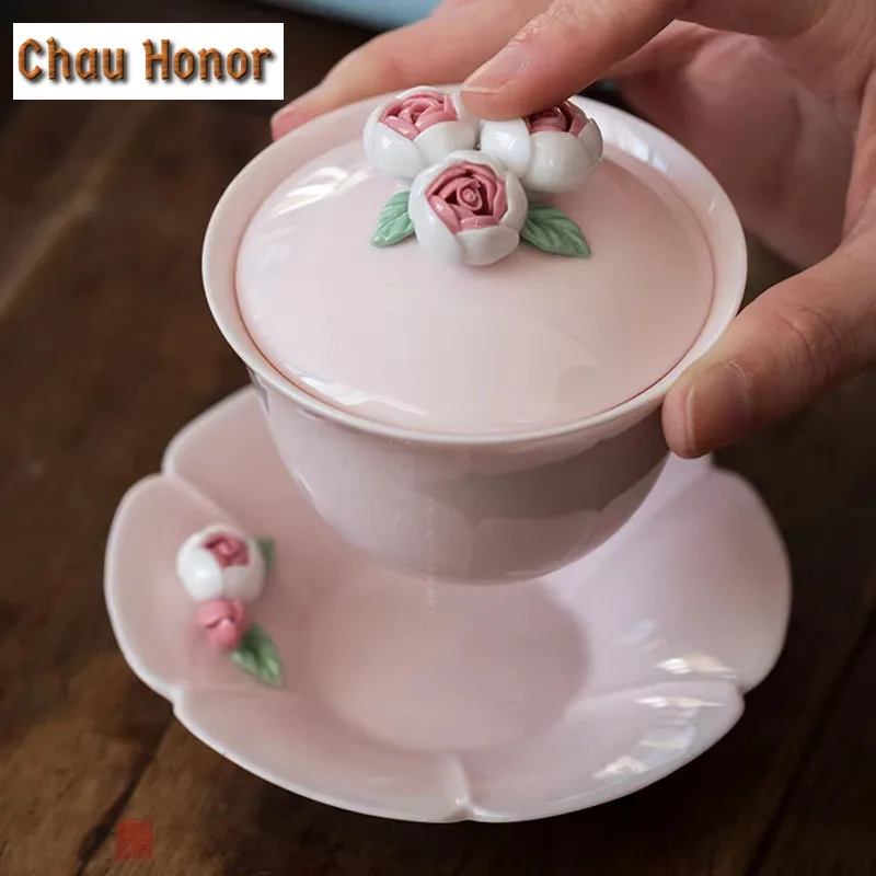 100ml Jade Mud Powder Hand Pinching Flowers Sancai Covered Bowl Ceramic Household Tea Bowl Kung Fu Tea Set Infuser Accessories