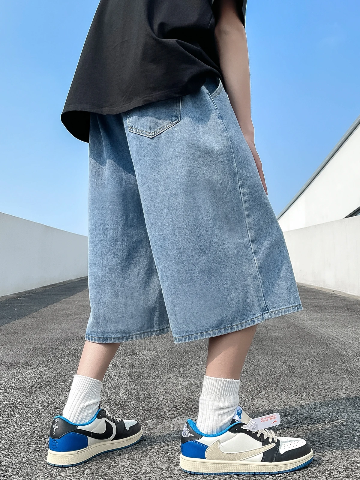 Men's Short Jeans Pants Cargo Loose Baggy Drawstring Male Denim Shorts with Pockets Wide Loose Original Cowboy Buttons A164