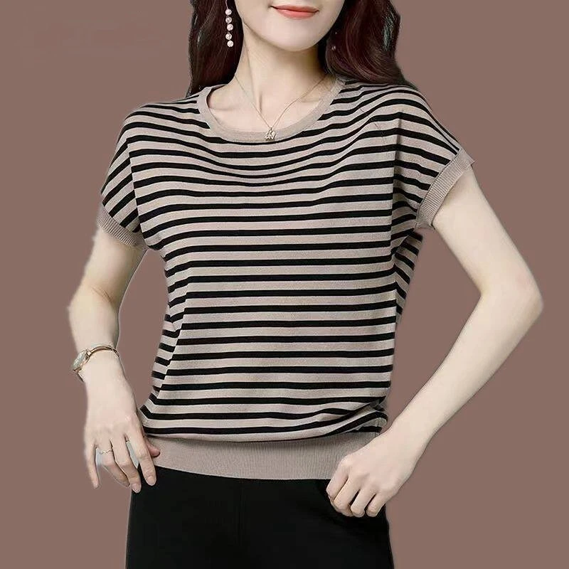 

Summer Stripe Cotton T-shirt for Women New Fashion Short Sleeve T Shirt Loose Casual Ladies Top