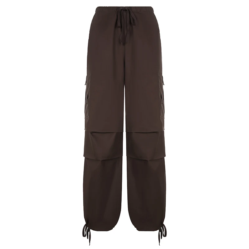 Weekeep Light Khaki Cargo Pants Streetwear 100% Cotton Big Pocket Patchwork Casual Pants Drawstring Low Waist Baggy Trouser Lady