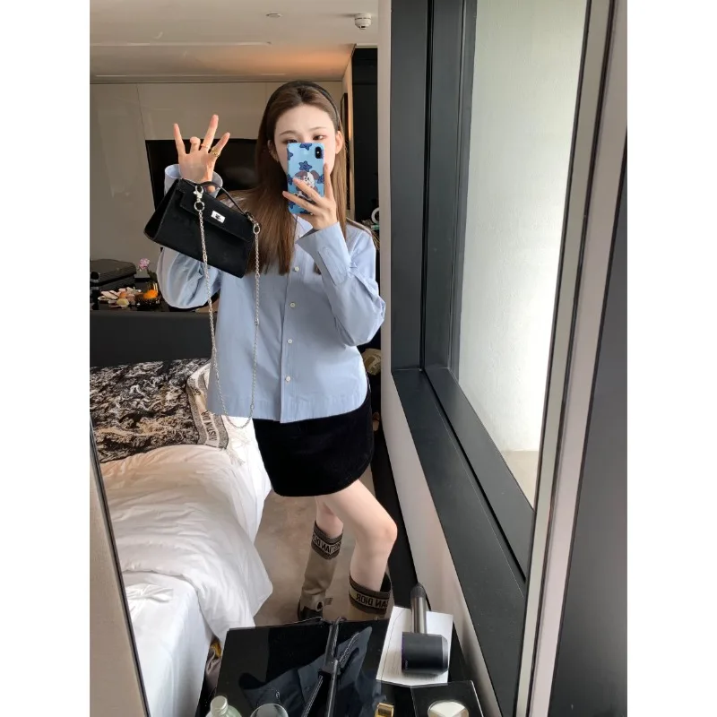 

Miiiix Korean Fashion Blue Cotton Round Neck Shirt 2023 Women's Autumn/Winter New Design Sensory Shirts Top Female Clothing