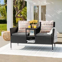 Outdoor Patio Loveseat Modern Rattan 2-Seat Patio Conversation Set with Cushions & Built-in Coffee Table Porch Furniture 1