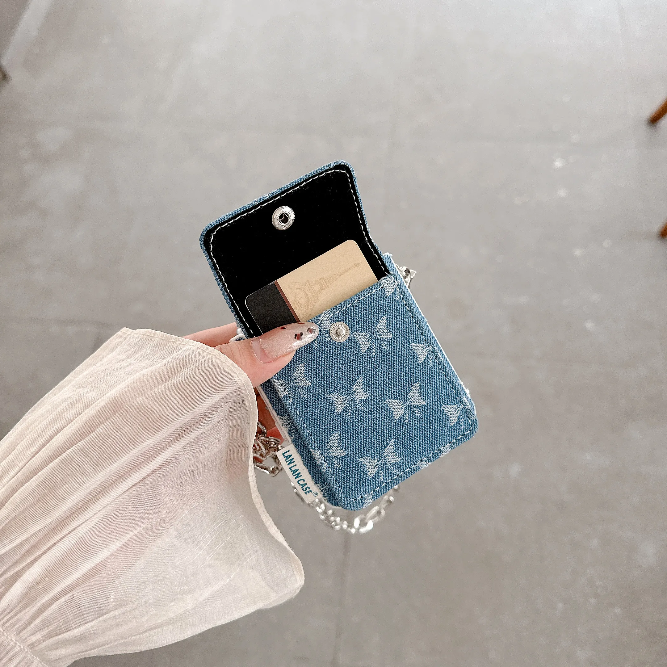 Kawaii Bow Knot Denim Phone Case with Card Holder and Lanyard