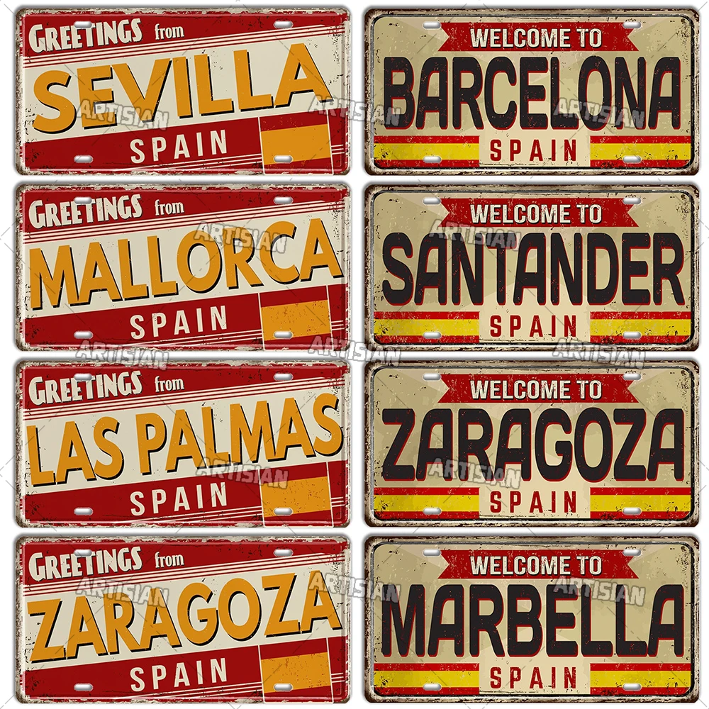 Artisian SPAIN 번호판 랜드마크 금속 사인 도시 국가 장식 플라크 벽 장식 차고 바 펍 클럽 호텔 카페 주방