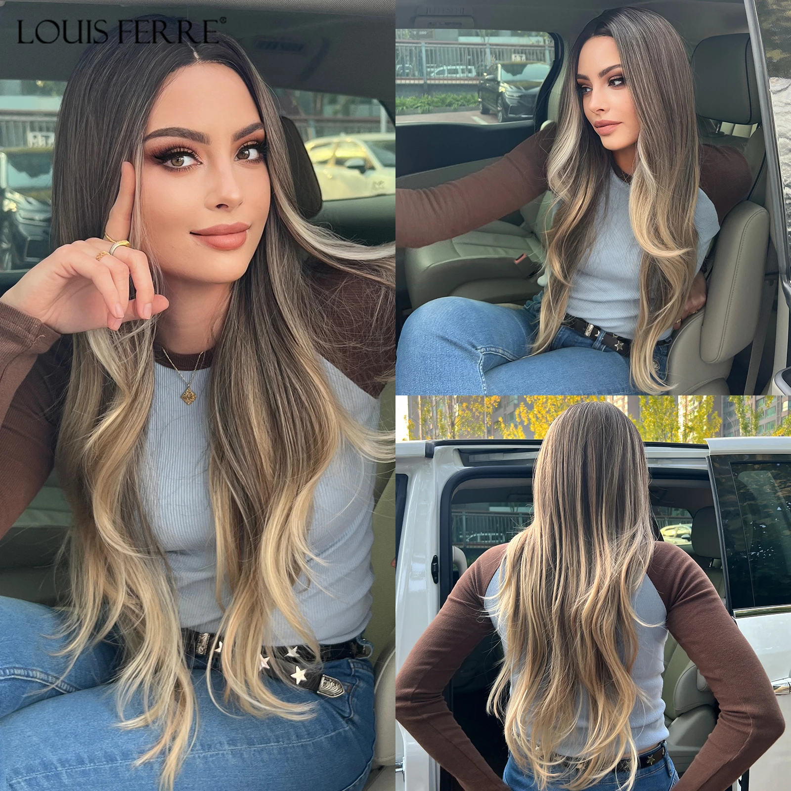 

LOUIS FERRE Hairline Lace Synthetic Wigs Long Wavy Brown Ombre Wigs for Women Middle Part Daily Cosplay Wigs Heat Resistant Hair