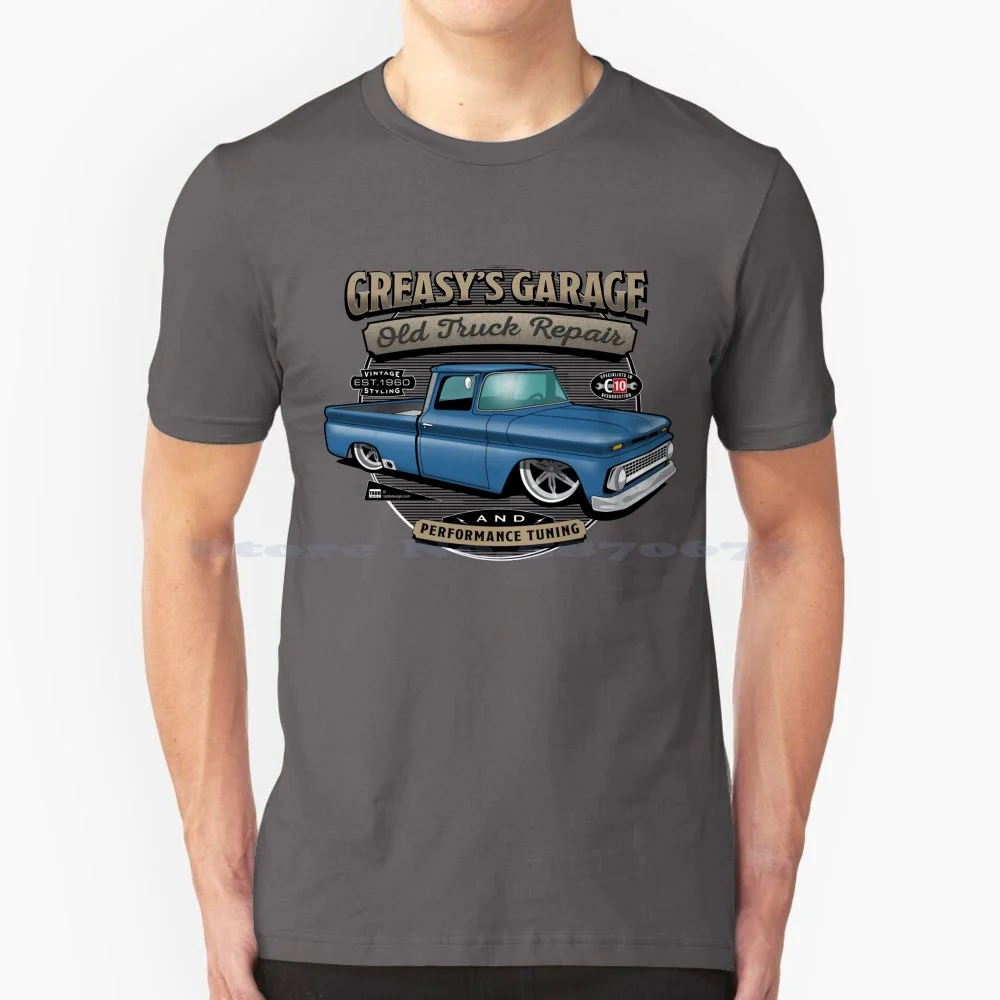 

Greasy's Garage Blue Design T Shirt 100% Cotton Tee Fleetside Vintage Hotrod Oldtruck Garage Mechanic Lowered Ratrod Air Ride