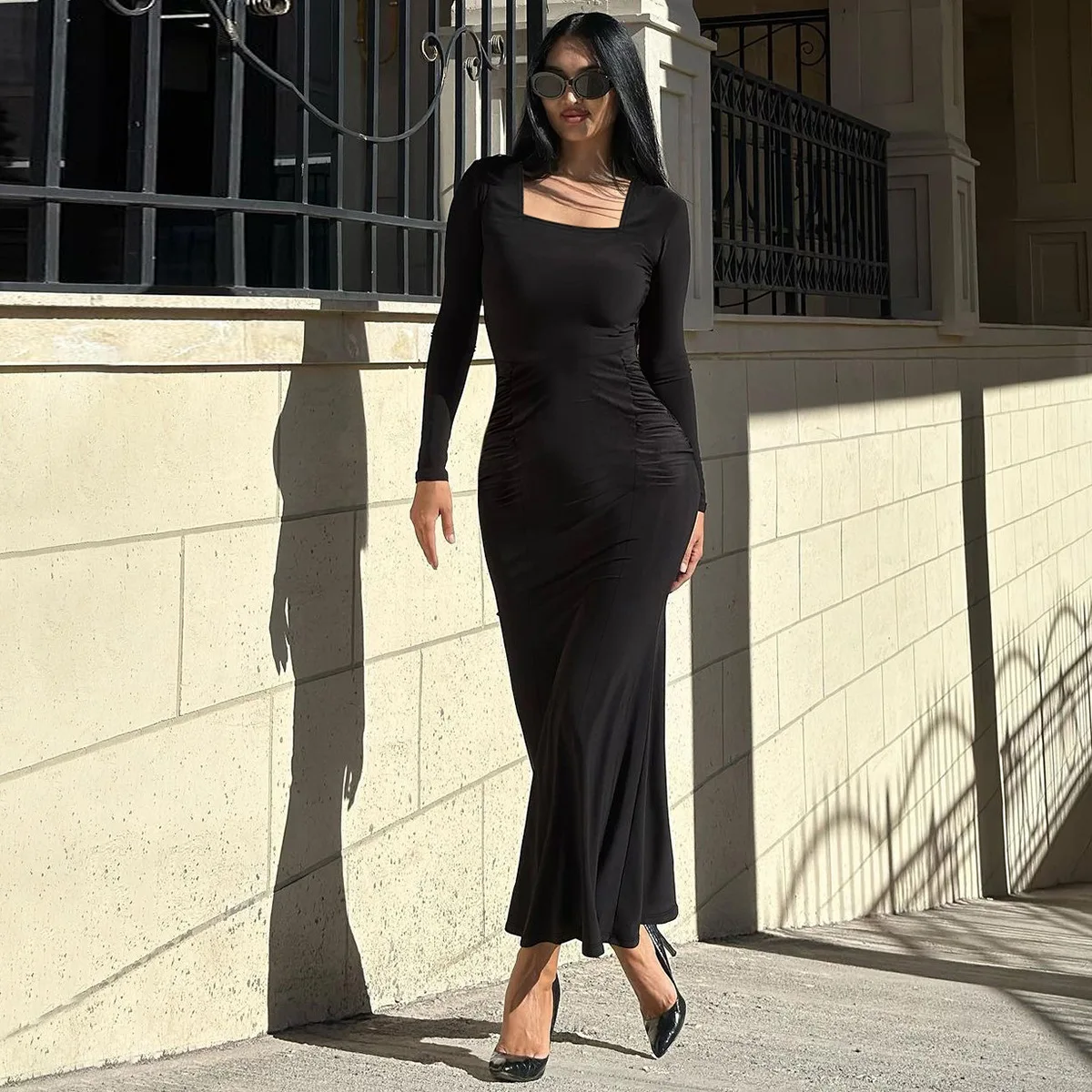 Autumn Fashion Black Maxi Dress Women's Square Collar High Waist Slim Elegant Party Dress Gown Female Solid Long Dress New