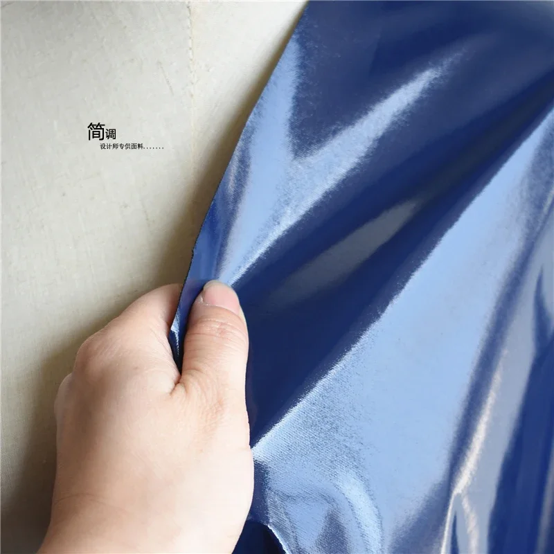 밝은 거울 스트레치 PU 가죽 천, 다운 라이트 코팅, 방수 니트 소프트 스커트, DIY 바느질 가죽 의류, 네이비 블루