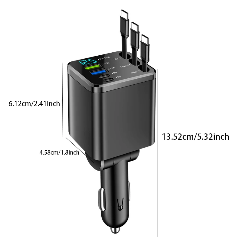 7-IN-1 Retractable Car Charger USB C Cable For IPhone Huawei Samsung Fast Charge Cigarette Lighter Adapter Type C USB Charger