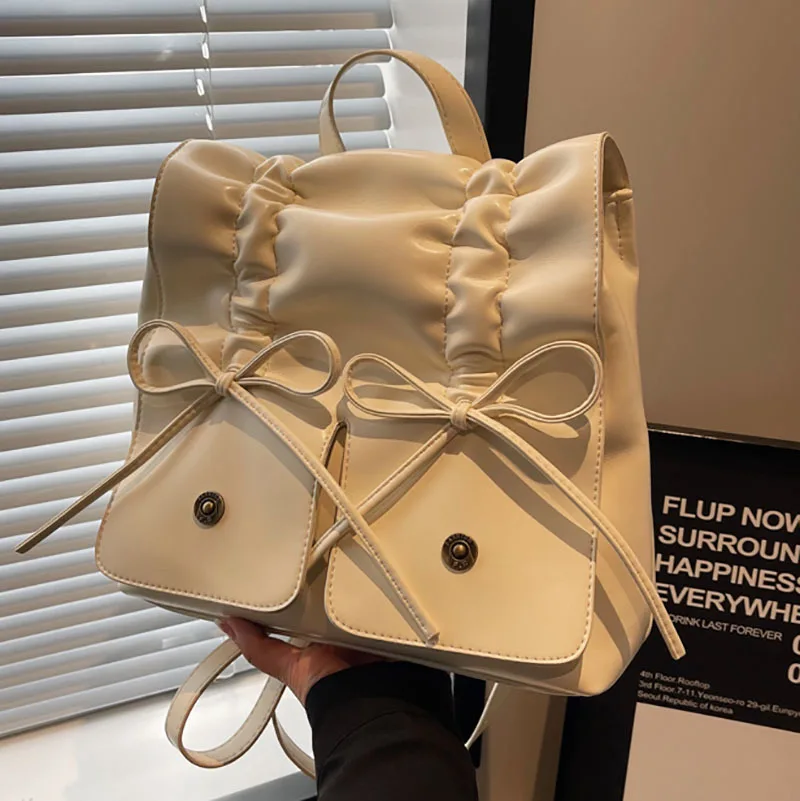 Miyagawa Sweet Bow Backpack Women's 2024 New Fashion Korean Pleated Backpack Trendy Fashion Simple Casual Large Capacity Handbag