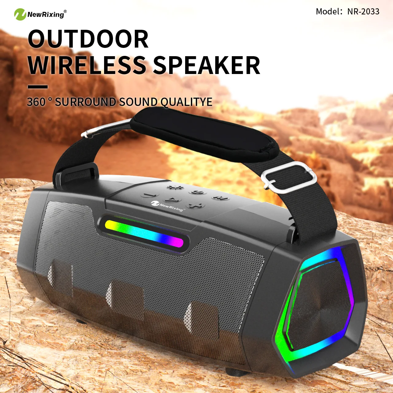 

High Volume Portable Bluetooth Speaker RGB Light Wireless Subwoofer 360° Surround Stereo Waterproof Soundbox with Shoulder Strap