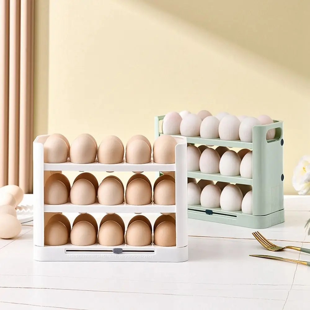 Egg Carton 1Pc Plastic Egg Storage Shelf Flippable 3 Layer 30 Count Egg Holder For Refrigerator Side Door Large Capacity with Handle