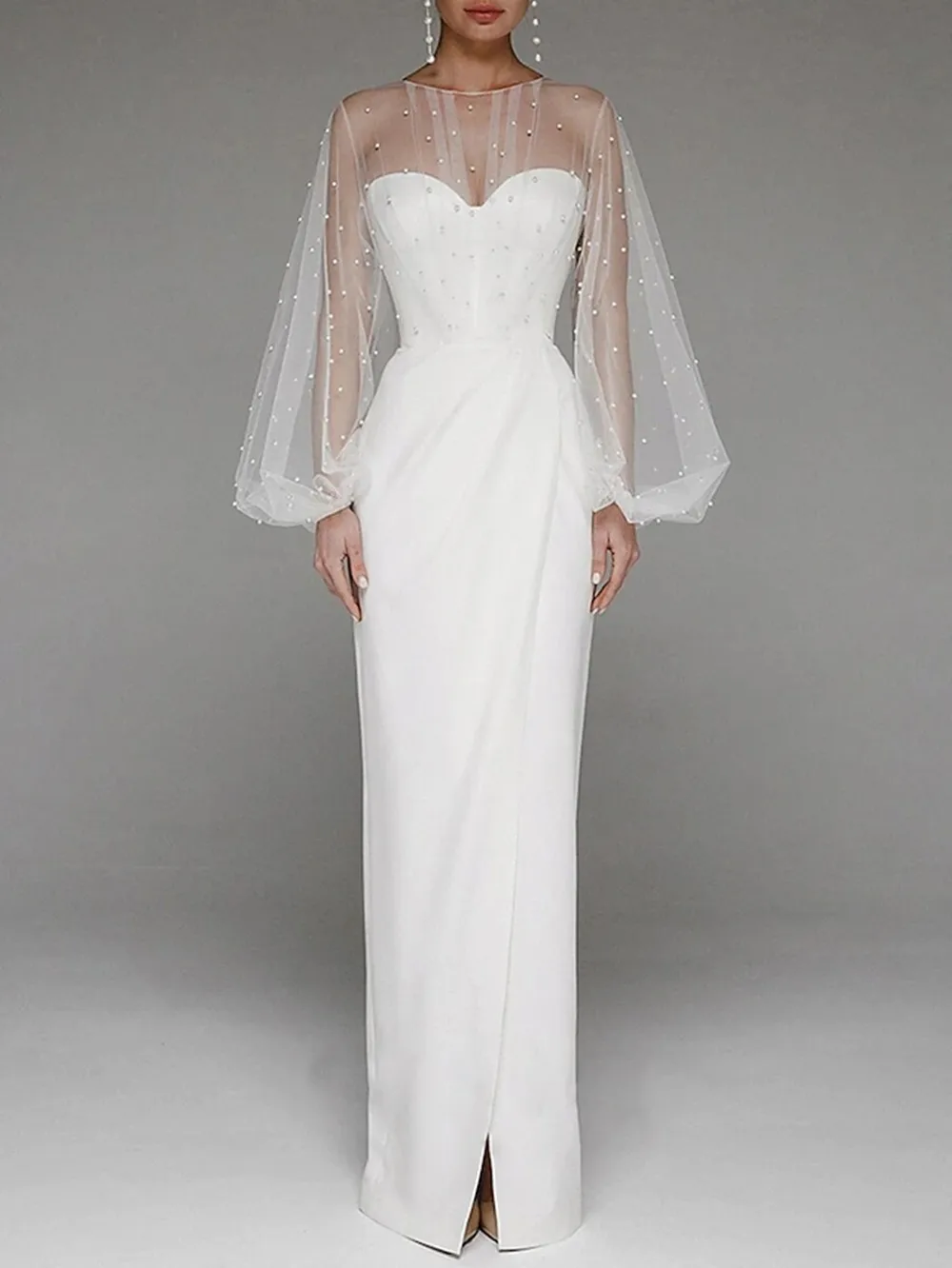 

White Evening Prom Dress Pure Color Lace Beads Fall Winter Strapless Cold Shoulder Stylish Elegant Formal Puff Sleeve Slim 2023