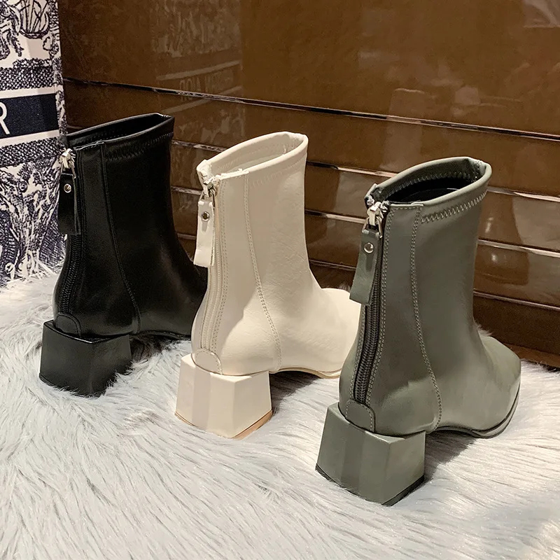 Brand Square Toe Short Boots Women's 2022 Autumn and Winter New Plus Velvet Square Heel  Boots Rear Zipper Thin Boots Women
