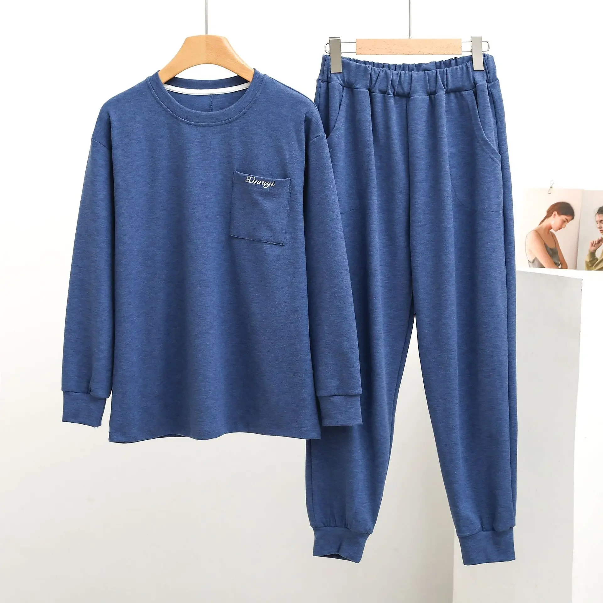 Women Loungewear Sweatshirt Pants Suit Autumn/Winter Symphony Flat Develvet Round Neck Long Sleeve Pocket Home Wear Thick Casual