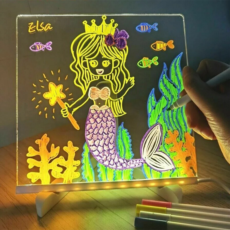 Fiorky Tableau D'écriture à LED, Planches à Dessin LED Avec Couleurs Et Support, Lampe De Nuit Décorative En Acrylique Effaçable Pour Bureau, Maison, école Pour Enfants, école De Bricolage