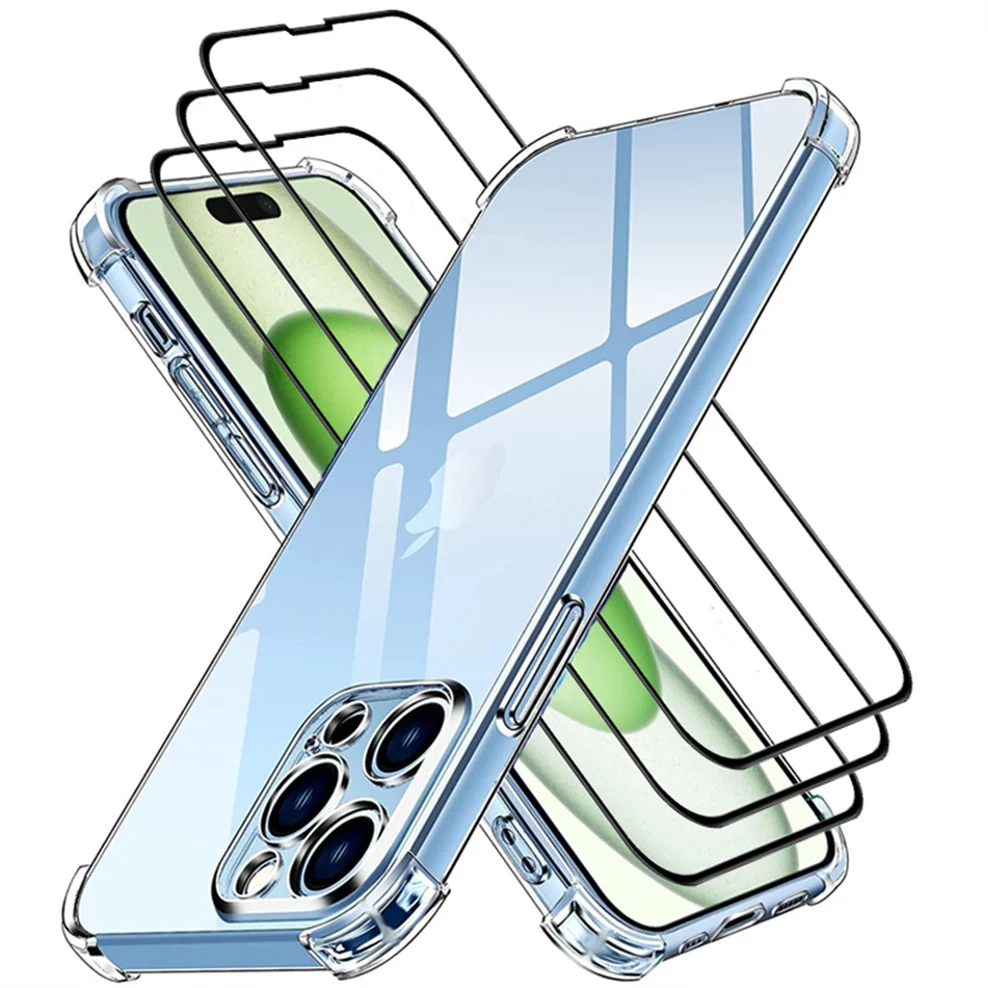 

4-in-1,Case + 3 Glass for iPhone 15 Pro Soft Clear Shockproof Silicone Phone Cases iPhone15 Apple 15 Plus Cover iPhone 15Pro Max