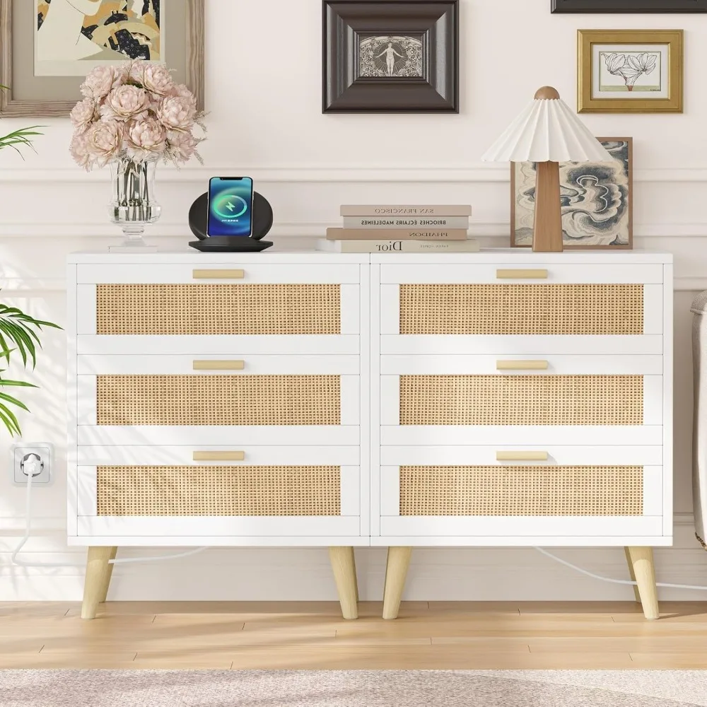 Rattan Nightstand with Charging Station, Night Stand with 3 Large Rattan Drawers, Accent End Table, Bedside Table S