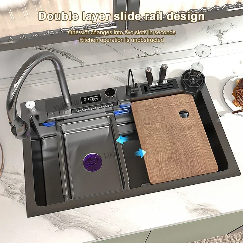 304 Stainless Steel Kitchen Waterfall Sink Digital Display Large Single Sink Dish Basin With Multifunction Touch Waterfall