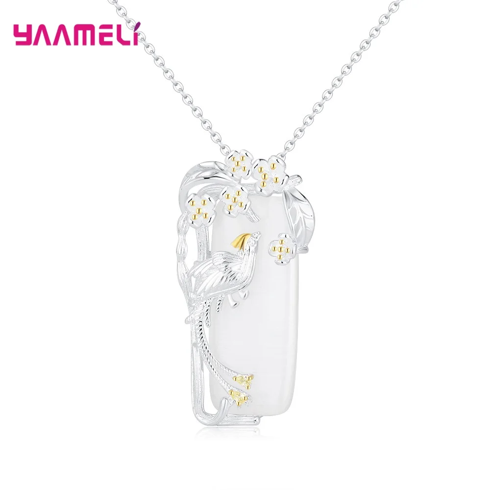 

Ethnic White Opal Stone Pendant Necklace Women Female Birthday Gift Fine 925 Sterling Silver Bird Flower Design Party Accessory