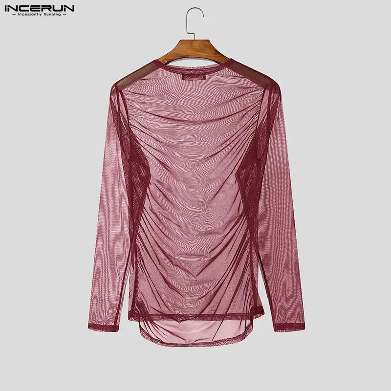INCERUN Herren T-Shirt Mesh Transparent Sexy O-Ausschnitt Langarm Tee Tops Herren Streetwear Camisetas Plissiert 2026 Party Herrenbekleidung – Detail 12