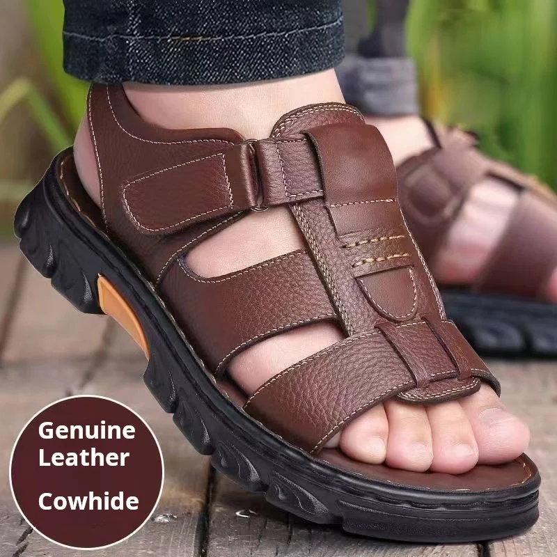 2024 Summer Men's New Non-slip Thick-soled Leather Sandals Beach Shoes Cowhide Slippers Outdoor