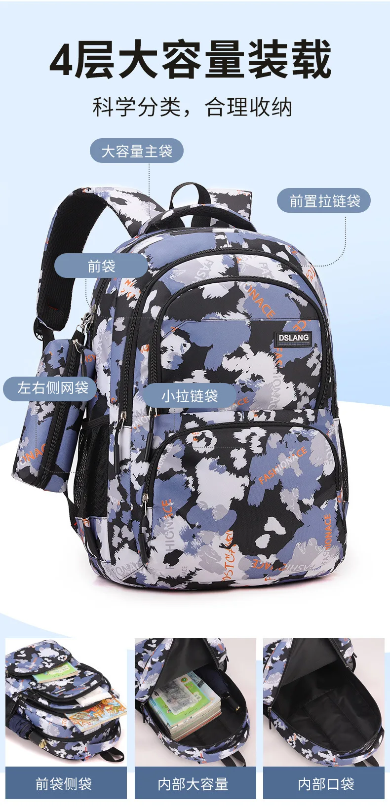 Dreiteiliges Schultaschen-Set für Damen, modischer Rucksack für die Mittelschule und Oberschule, verdickte hochwertige Umhängetaschen mit Blumendruck – Detail 6