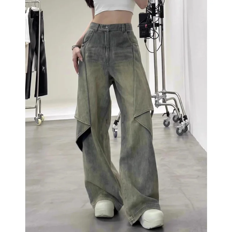 

Blue Women Jeans High Waist Fashion American Hip Hop Streetwear Y2K Spliced Chic Wide Leg Jean Female Trouser Baggy Denim Pants