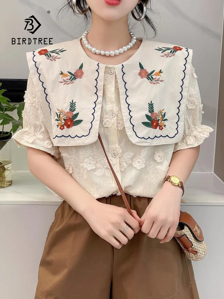 

New Spring Cotton Embroidery Shirt Women Lapel Short Sleeve Loose Tops Girl Literature Simplicity Blouse 2024 Autumn T444160QC