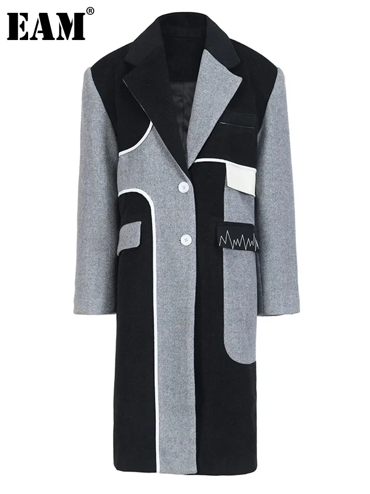 

[EAM] Loose Fit Gray Topstitched Big Size Long Woolen Coat Parkas New Long Sleeve Women Fashion Tide Autumn Winter 2024 17A1556