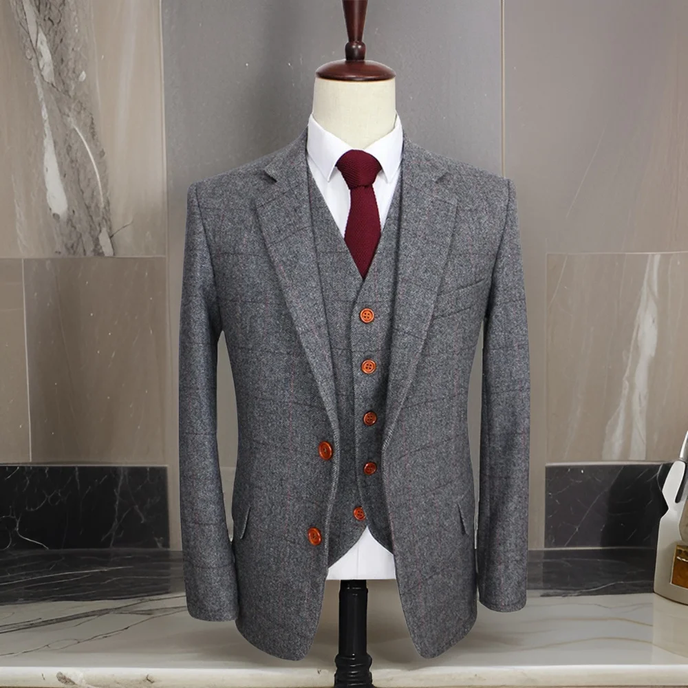 

Wool British Style Suits for Men 2024 Custom Herringbone Tweed 3 Pcs Wedding Grey Slim Fit Groom Tuxedo (Jacket + Pants + Vest)