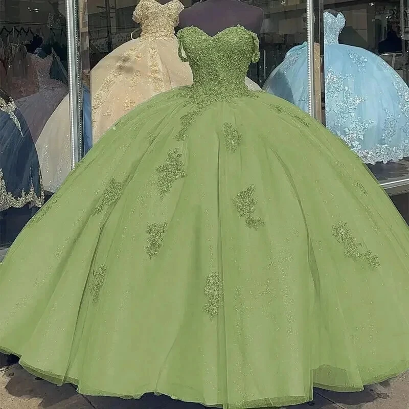 Angelsbridep Off-Shoulder Green Quinceanera Dresses Ball Gown Glitter Vestidos De 15 Anos Applique Princess Birthday Party Gowns