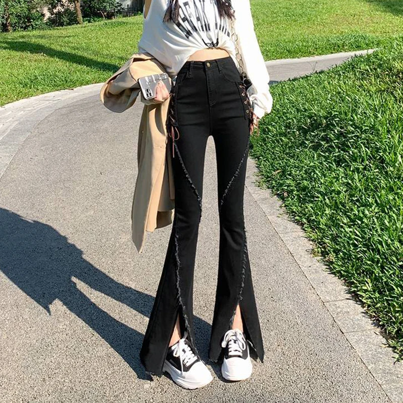 

Черные расклешенные брюки из денима с разрезом, женские прямые брюки в Корейском стиле с высокой талией, эффектом потертости, лето 2023