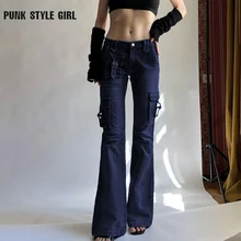 

Alt Cyter Straight Pants Bandage Pockets Flare Jeans Low Waisted Vintage Trousers Women Streetwear Grunge Mom Elegant Sweatpants