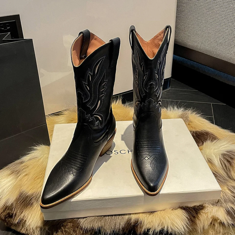 メンズ クラシック 耐久性 ラウンドトゥ 刺繍 ウエスタン カウボーイ