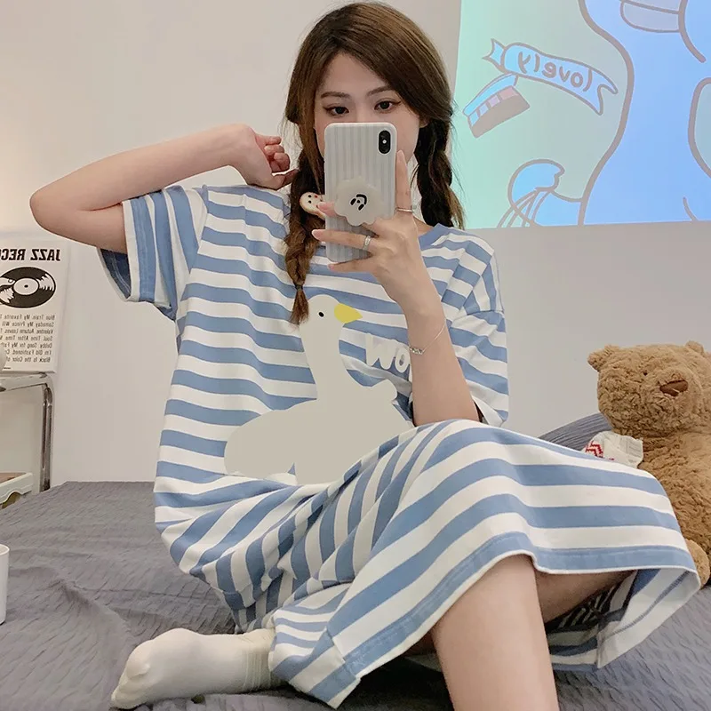 

Plus Size 3XL Cotton Long Nightgown for Women Cartoon Stripes Sleepwear Nightdress Summer Loose Short Sleeve Nightwear Home Wear