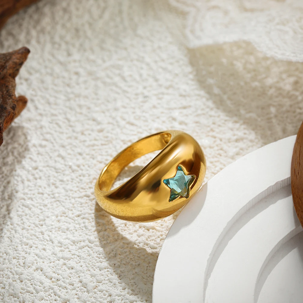 Stainless Steel Waterproof Pink Star Crystal Chunky Dome Rings for Women Sparkle CZ Zircon Knuckle Ring Wedding Jewelry Bijoux