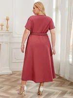 Plus Size Short Sleeve V Neck Dress With Waist Belt Plus Size color: Pink
