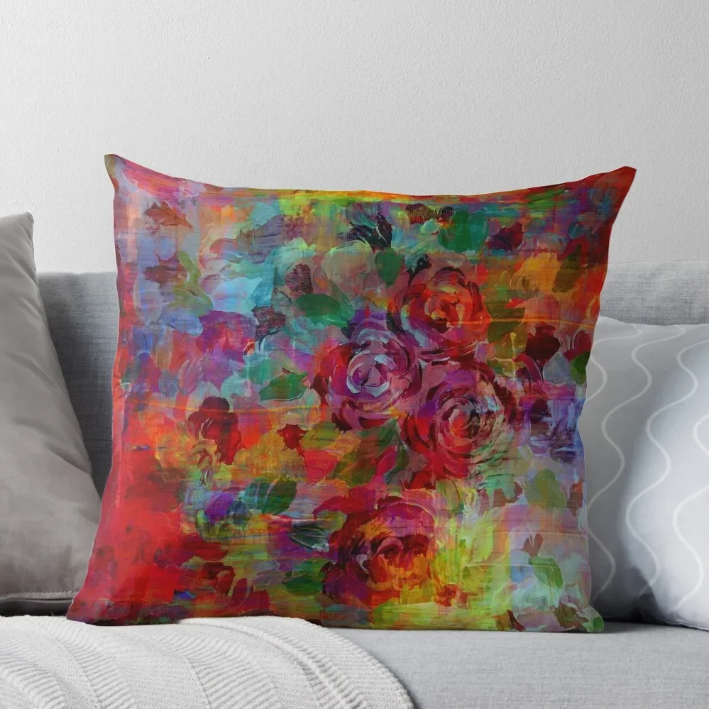 

THROUGH ROSE-COLORED GLASSES Bold Rainbow Floral Multicolor Flower Garden Abstract Modern Painting Design Throw Pillow