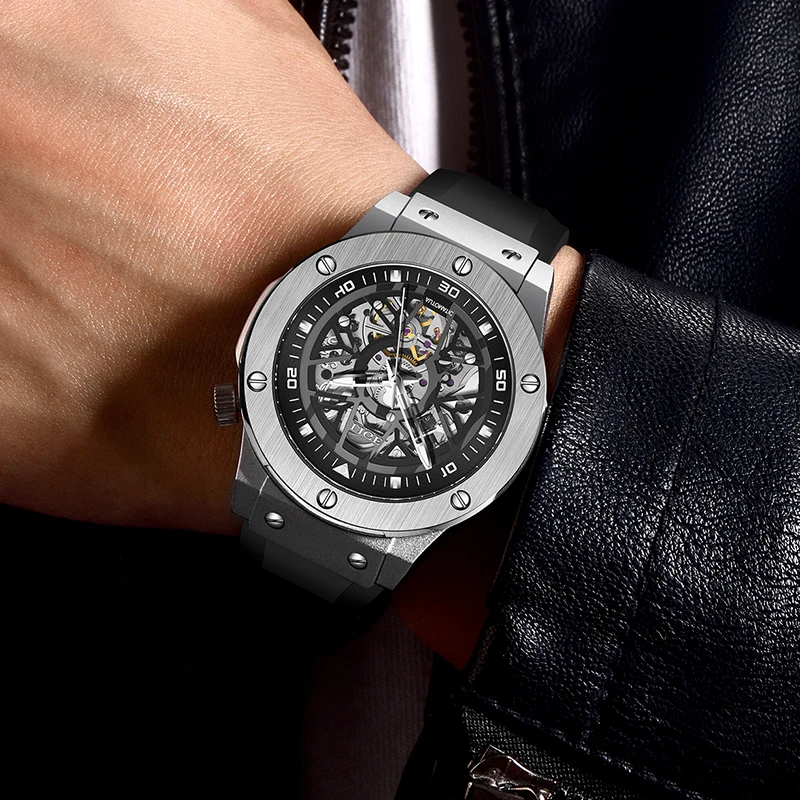 Hollow Out Design Automatic Watch For Men Luxury Stainless Steel Rubber Strap Mechanical Watch 30M Waterproof Reloj Hombre_voghion.com