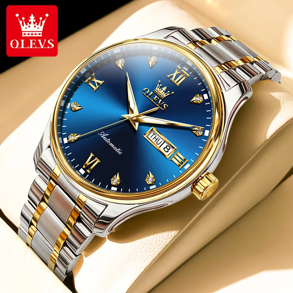 

OLEVS Top Brand Mens Fashion Blue Mechanical Watches Luxury Stainless Steel Waterproof Luminous Hands Automatic Men Wristwatches