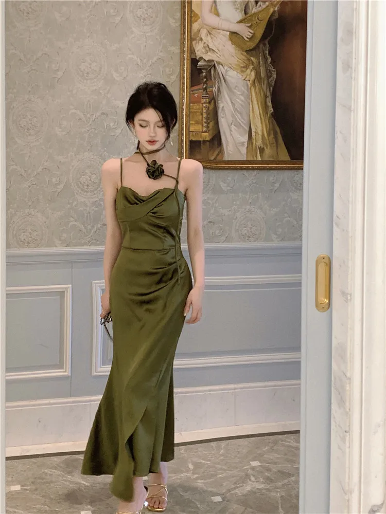 

Satin Silky Elegant Midi Long Dress Halter Lace-Up Three-dimensional Flower bodycon dresses women y2k clothing korean party robe