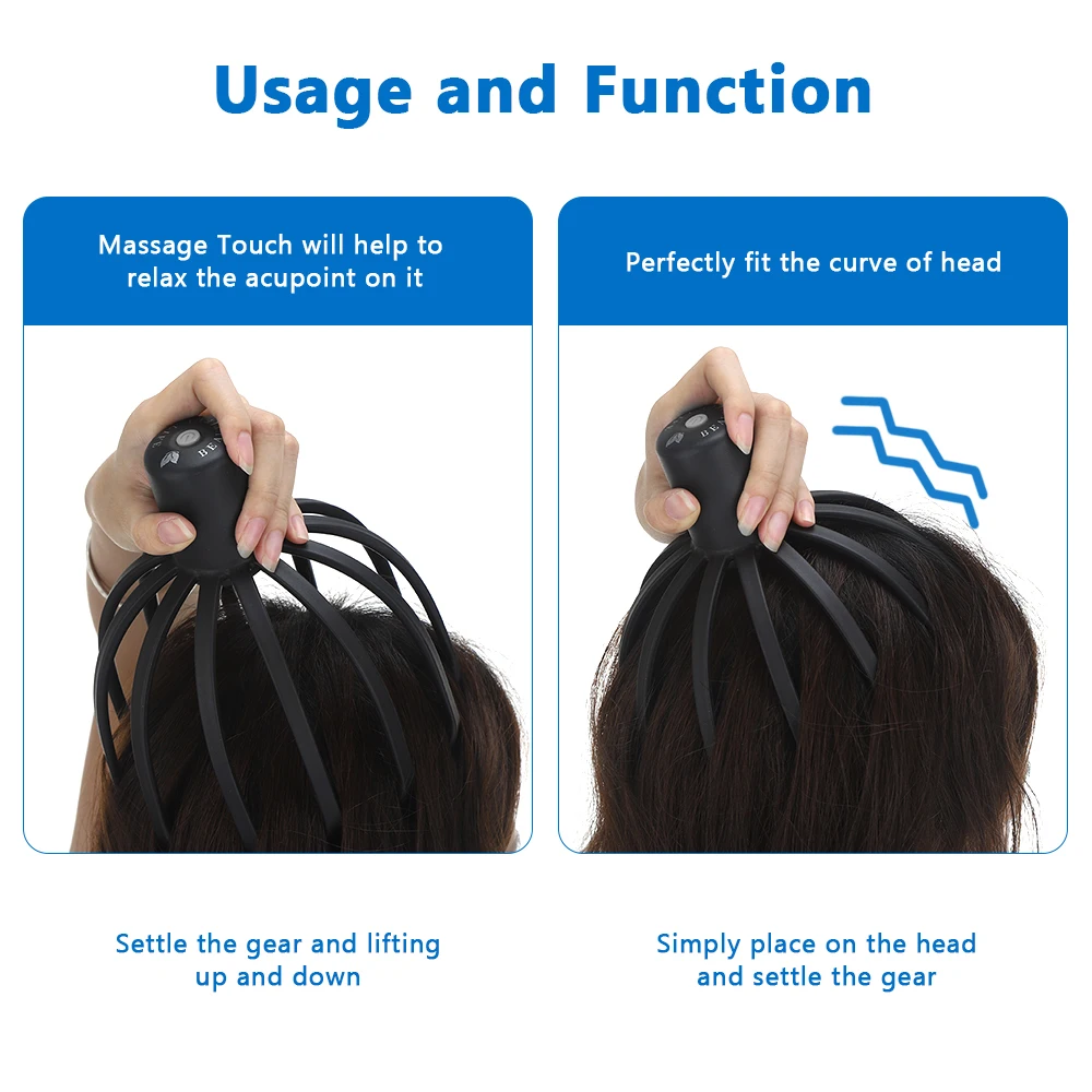 Rechargeable Head Massager Octopus 12 Claws Scalp Portable Stress Relief Therapeutic Head Scratcher One Key Switch Relief Head