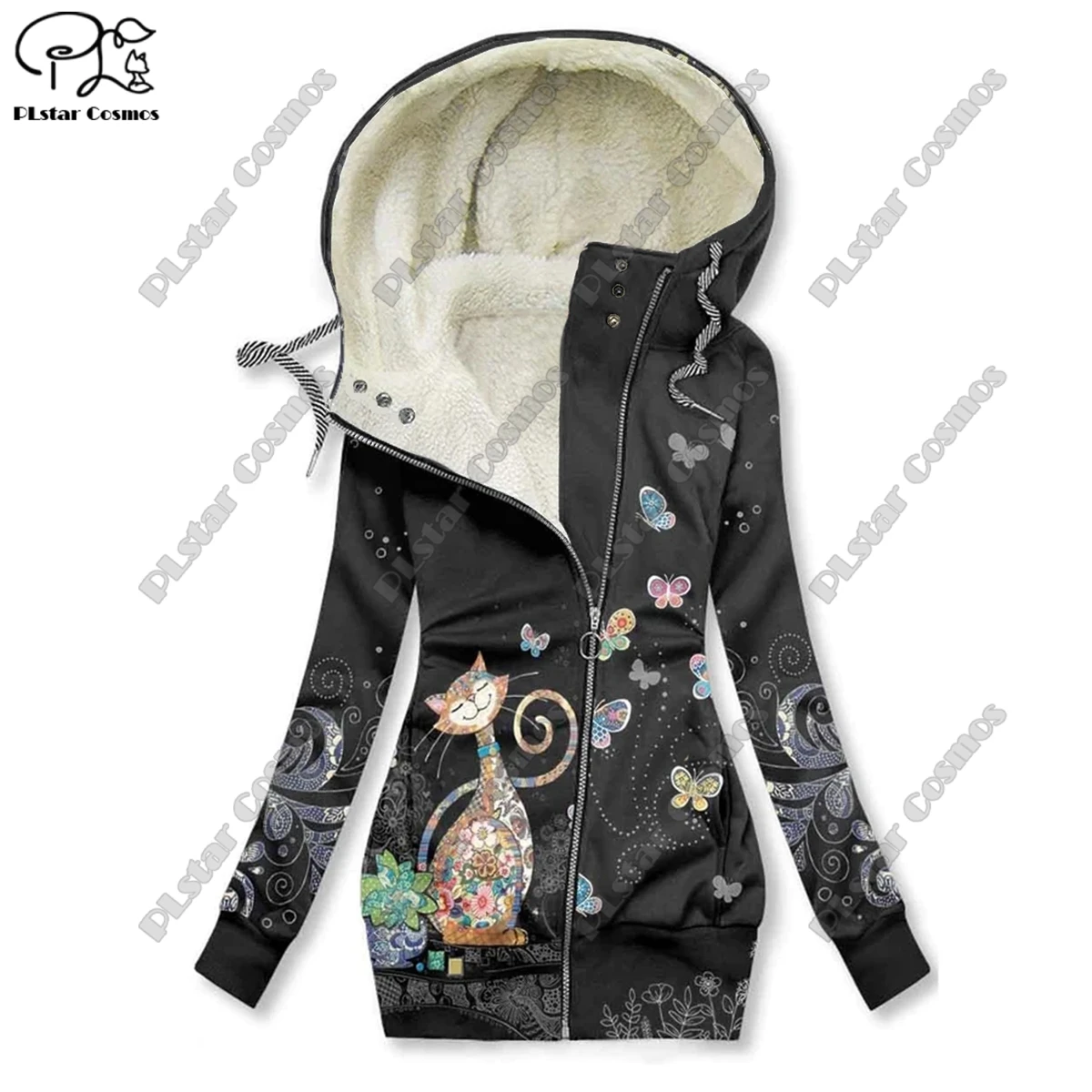 New 3D printed animal series cute cat pattern velvet warm women's long zipper hoodie coat commuting casual winter M-1