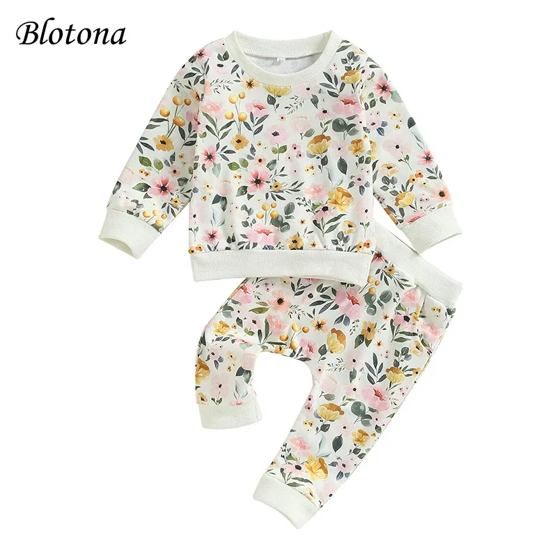 

Осенняя одежда для маленьких девочек Blotona, свитшот с круглым вырезом и длинным рукавом с цветочным принтом, топы, длинные брюки с эластичным поясом, комплект одежды из 2 предметов
