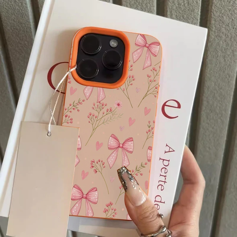 Pink Floral Bow Lychee Texture Soft Phone Case
