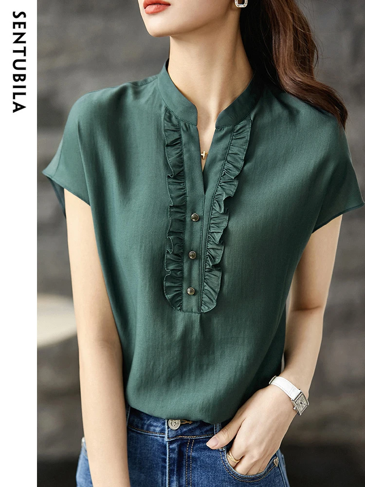 

SENTUBILA Summer Blouses for Women 2024 Elegant Fashion Ruffles V Neck Straight Raglan Short Sleeve Office Lady Shirts & Blouse