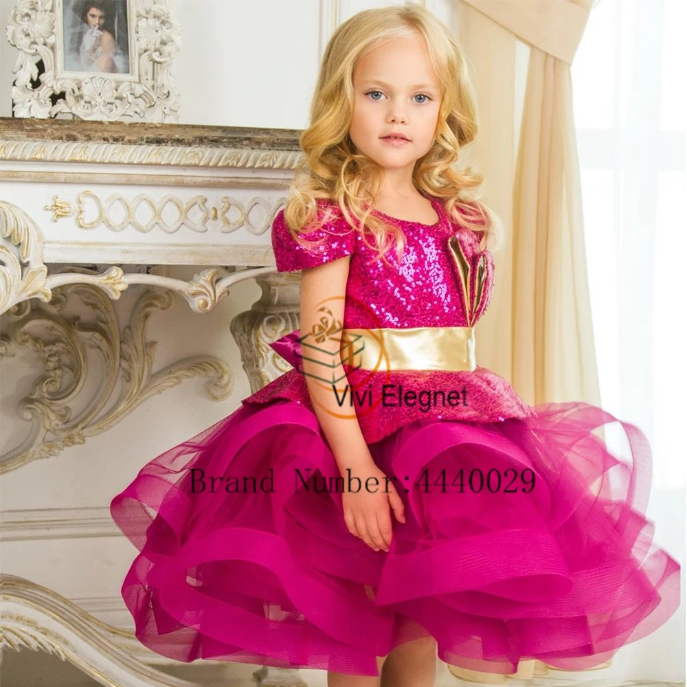 

Classic Scoop Flower Girls Dresses for Birthday 2024 Summer Sequined Tiered Christmas Gowns with Belt Short Sleeve فلور فتاة الل