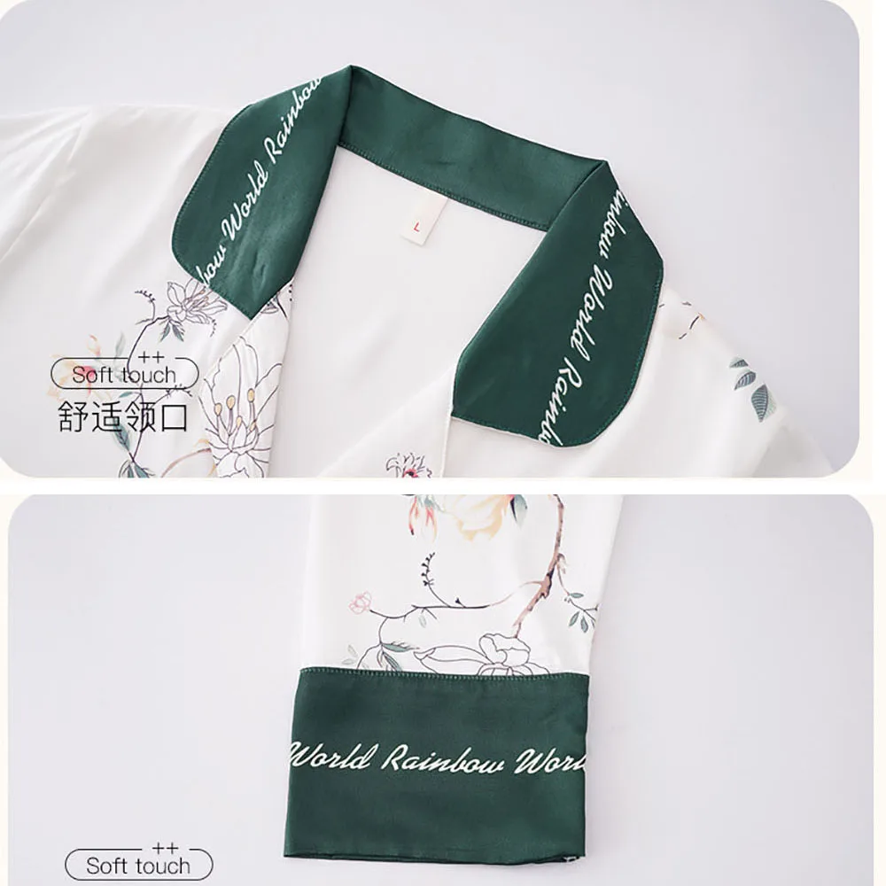 M-3XL High-quality Silk-like Women's Pajamas Sets Japanese Style Print Sleepwear Spring Autumn Cool Thin Smooth Pyjama Femme