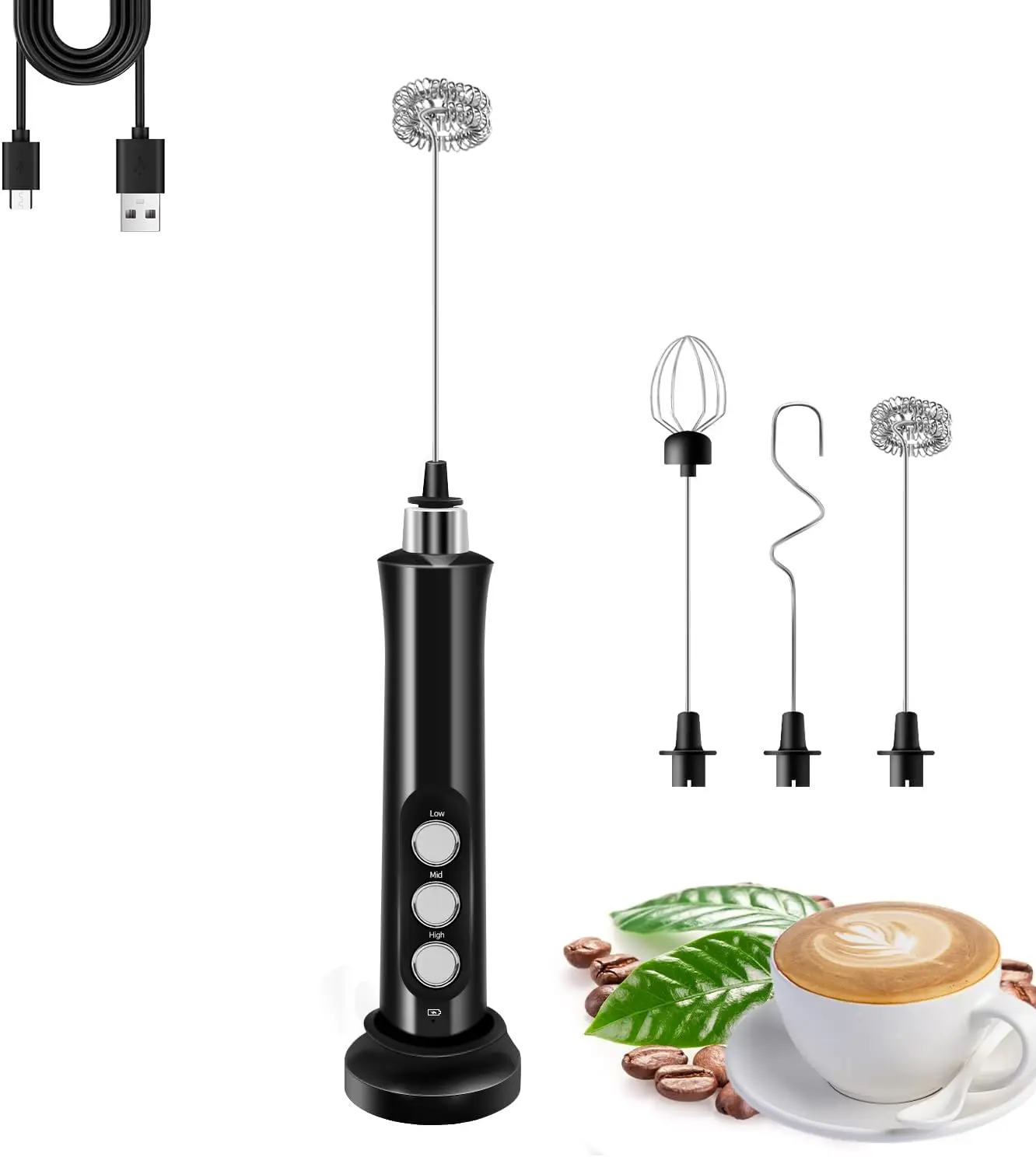 Rechargeable Milk Frother Handheld with 3 Detachable Stainless Steel Whisks, 3 Speed Adjustable Electric Whisk Foam Maker, 1